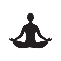 Black vector silhouette of a woman in a peaceful lotus yoga pose, perfect for meditation and relaxation illustrations