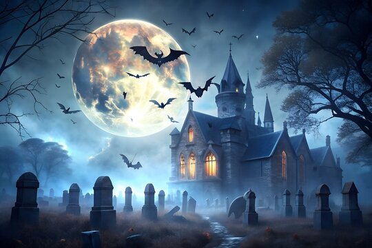 Photo of a haunted gothic mansion looms in a misty graveyard under a full moon with bats flying - Powered by Adobe