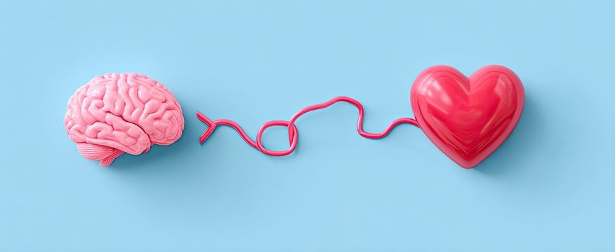 Pink brain & heart connected; blue background; love concept; medical illustration