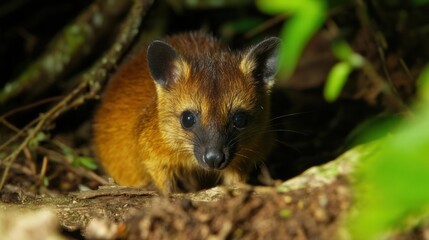 Small mammal foraging in dense forest undergrowth at dusk in the wild