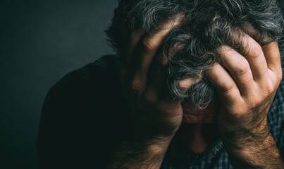 Man distraught, hands on head, dark background, studio shot; mental health