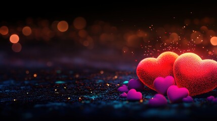 Colorful hearts glowing in darkness with shimmering bokeh lights