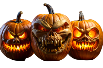 Three menacing jackolanterns with glowing eyes and terrifying carved faces stand together, embodying the spirit of halloween isolated on transparent background