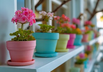 Colorful Flower Pots with Daisies, Petunias, and Sweet Peas – Vibrant Painted Planters on Indoor Shelf for Bright Home Decor