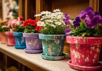 Colorful Flower Pots with Daisies, Petunias, and Sweet Peas – Vibrant Painted Planters on Indoor Shelf for Bright Home Decor