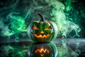Photo of a glowing green halloween pumpkin with a carved face sits in swirling green smoke on a reflective surface