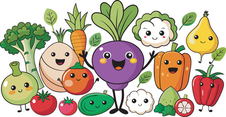 Fototapeta premium Kawaii vegetables cartoon characters smiling and waving