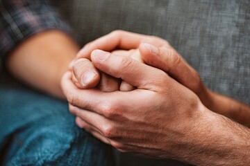 Fototapeta premium Comforting hands indoors, close-up, support, grey couch background, therapy