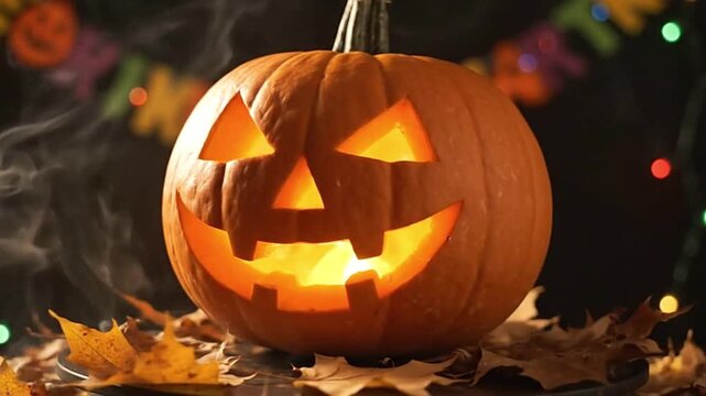 A lit Jackolantern with triangular eyes a triangle nose  a wide smile is surrounded by leaves in front of a dark background with lights  Happy Halloween banner