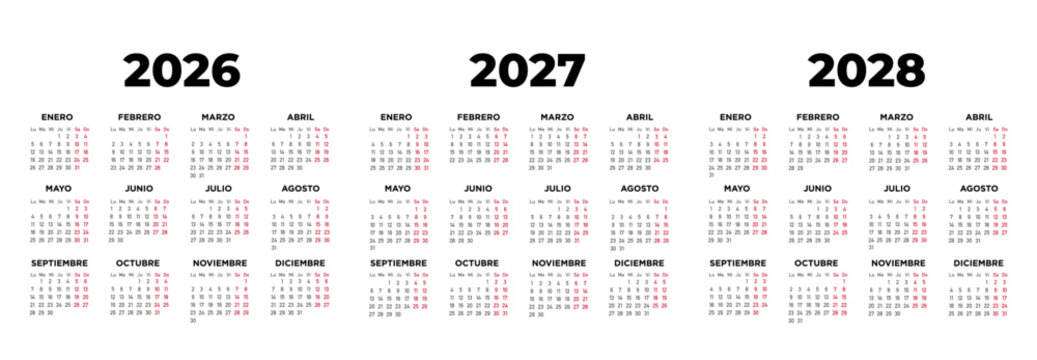 calendario 2026, 2027, 2028 en espa&ntilde;ol