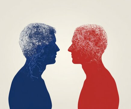 Blue and red men facing, minds connected, neutral background, communication concept