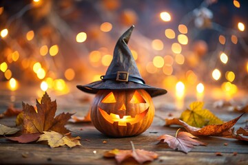 Photo of a carved halloween pumpkin with a witch hat glows eerily with bokeh lights and fall leaves