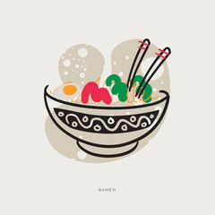 Ramen, a Japanese noodle soup dish, freehand-style drawing in Doodle style.