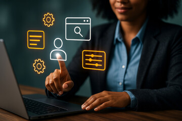 Female manager interacting with user interface for profile customization and web navigation