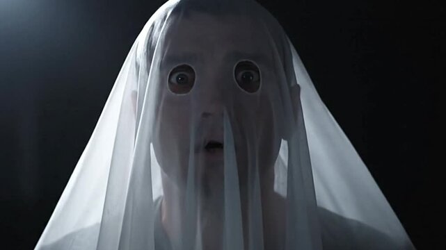 A person in a white sheet with eye holes and mouth agape against a dark background