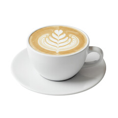 transparent ceramic coffee cup with creamy latte and intricate flower latte art, on a matching saucer against transparent, copy space, concept for gourmet beverage advertising