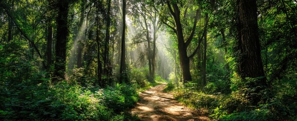 Sunlit Forest Path Lush greenery, dappled sunlight, tranquil woodland trail. Perfect for nature, travel, or serenity themes