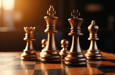 A close-up of chess kings and queens arranged on a wooden chessboard in warm lighting