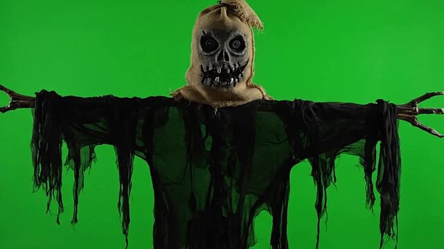 A scarecrow figure with a burlap sack mask and tattered black robes against a green screen