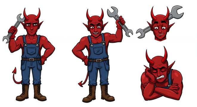 Cartoon devil mechanic character illustrations