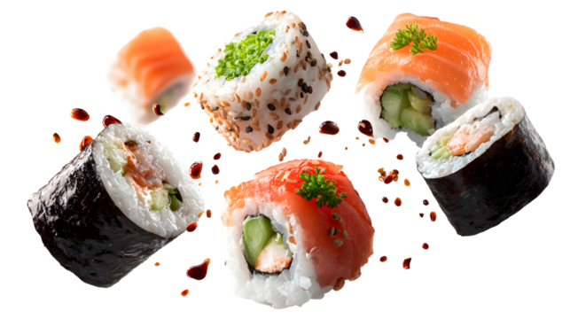 Set of various fresh sushi rolls with ingredients in the air isolated on a white background