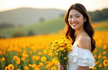 Fototapeta premium Woman holding a bouquet of yellow flowers in a sunflower field during sunset