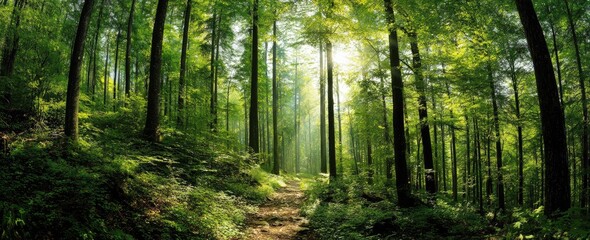 Sunlit Forest Trail Lush greenery, dappled sunlight filters through trees, creating a serene path ideal for hiking or nature posters