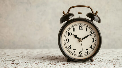 A vintage black alarm clock shows 11:10 on a lace-covered surface with a neutral background.