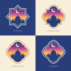 Vector illustration of modern style Ramadan Kareem and Eid Mubarak greeting cards. Windows and arches with moon, mosque dome and Islamic pattern