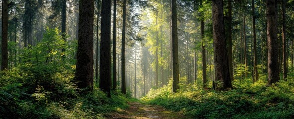 Sunlit forest path, misty morning, green undergrowth, nature background, tranquil scene