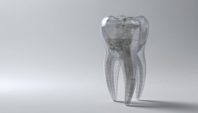 Futuristic transparent tooth model with internal wireframe structure dental innovation. Minimalist 3D render in digital design studio highlights healthcare advancements, anatomy, precision technology.
