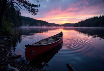 Serene sunset over a calm lake with a red canoe floating peacefully