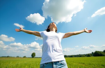 Woman standing outdoors with arms outstretched under a bright sky filled with fluffy clouds