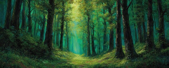Obraz premium Sunlit Forest Path Lush green woods, dappled sunlight, tranquil scene, nature background, ideal for meditation, serenity, or nature-themed designs