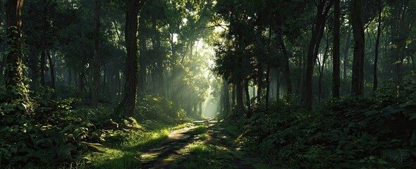 Fototapeta premium Sunlit Forest Path Lush greenery, dappled light, tranquil scene, ideal for nature documentaries