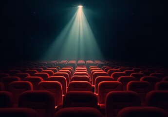 Empty Cinema with Red Seats and Spotlight – Quiet Theater Ambience Before Movie Screening in Classic Film Venue with Afternoon Light