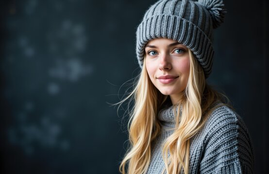 A woman wearing a gray knit beanie and sweater smiling at the camera - Powered by Adobe