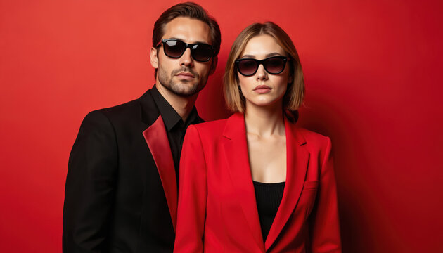 Stylish couple in red, black suits wear sunglasses posing confidently against vibrant red background. Man sports black suit with red lapel, woman wears bold red suit. Both exude elegance, modern