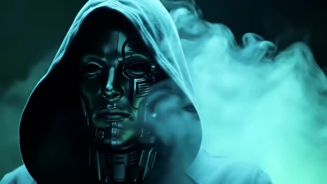 Futuristic robot in hooded cloak