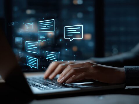 AI chatbot interface managing emails on laptop used by professional in business office, automating inbox communication, enhancing productivity and streamlining workflow with smart assistant technology