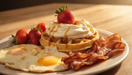 Delicious waffle breakfast features crispy bacon, fried eggs, fresh strawberries, and whipped cream drizzled with syrup. This appetizing meal is perfect for brunch or any morning meal.