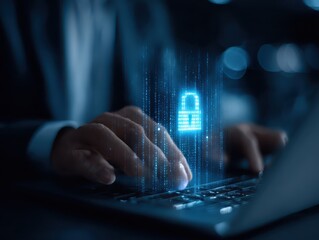 AI Data Security and Cyber Protection Concept. Businessman Using Laptop and Virtual Interface to Protect Data, Monitor Networks, Encrypt Information, and Ensure Privacy in Cybersecurity Environment