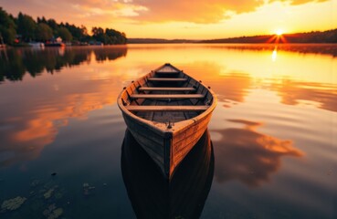 A wooden boat floats on calm lake water during a vibrant sunset scene