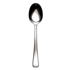 A shiny new small silver stainless steel spoon, isolated on a white background or transparent PNG.
