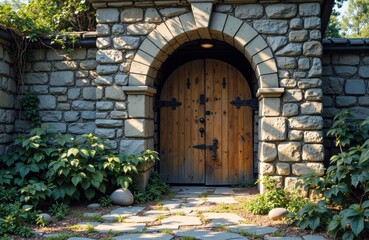 Wooden arched door set within a stone wall surrounded by lush greenery and garden plants