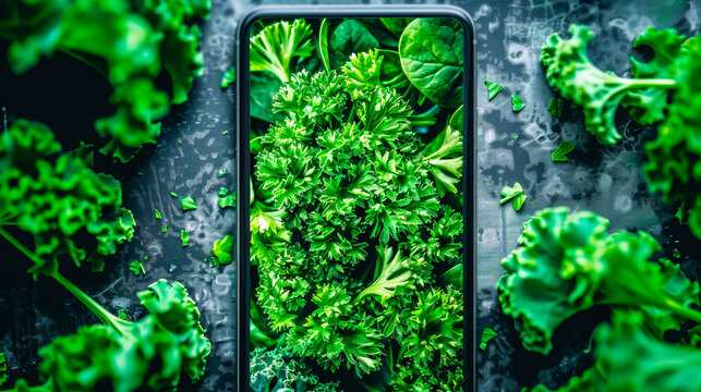 Digital nutrition scan of fresh vegetables on smartphone screen, surrounded by spinach, broccoli, and herbs