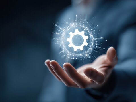 AI integration in business technology concept with a businessman holding a virtual gear icon, automation systems, smart workflow processes, and enterprise innovation in digital transformation
