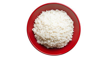 A serving of cooked white rice neatly arranged on a red flat plate, isolated on a white background or transparent PNG.
