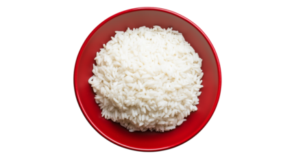A serving of cooked white rice neatly arranged on a red flat plate, isolated on a white background or transparent PNG.
