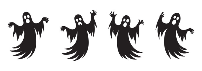 halloween ghost vector illustration featuring a set of unique silhouettes of ghost designs. Perfect for Halloween, this set includes traditional and abstract ghost, pumpkins and skeleton hands